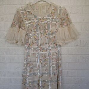 Needle and Thread Antonia Sequin Check Tulle Floral Embroidery Cream/Almond